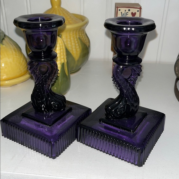 Vintage Amethyst Koi Fish candlesticks Deep Violet, Pair, Imperial Glass - Picture 8 of 16